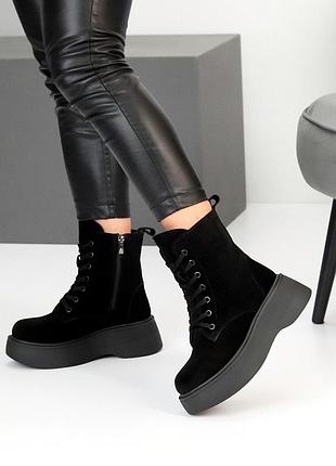 Sale замшевые женские черные ботинки на платформе танкетке зимние ботинки теплые на меху натуральная