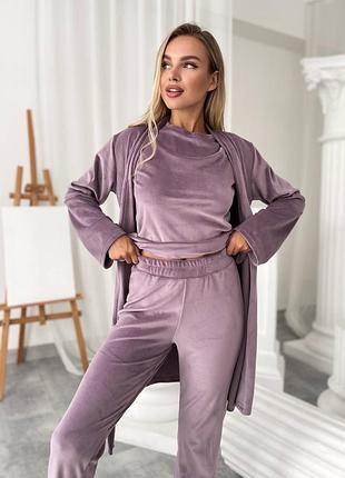 Жіноча велюрова піжама, домашній костюм трійка футболка, штани і халат з поясом
