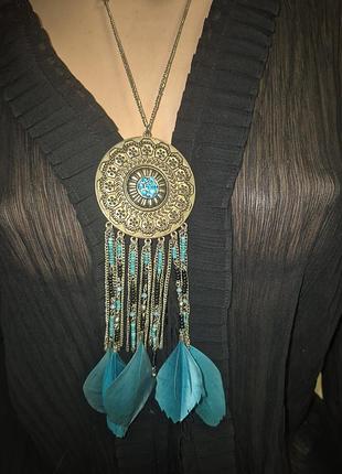 Шикарне колье намисто вінтаж пір'я латунь