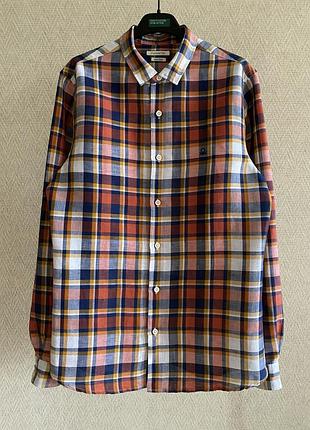 Мужская льняная рубашка benetton в сине-оранжевую клетку, m