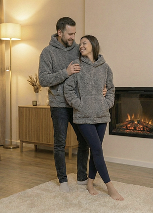 Теплое плюшевое худи парные унисекс женское мужское мягкое кофта с капюшоном зимняя осенняя демисезонная качественная оверсайз свободного кроя тедди