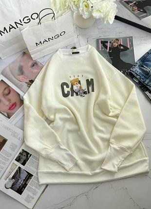 Теплый удлиненный свитшот трехнитка молоко мод.7047