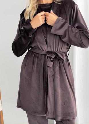 Жіноча шоколадна піжама, домашній комплект трійка футболка, штани і халат з поясом