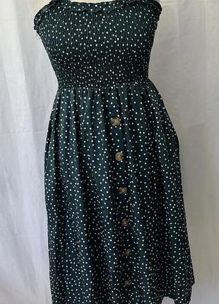 Гарний смарагдовий зелений сарафан плаття платье міді в горошок з гудзиками