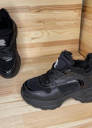 Кроссовки женские зимние черные кожа/замша favi