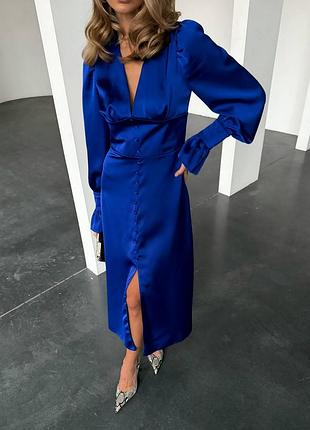 Накладной платеж ❤ сатиновое праздничное платье миди с длинными рукавами на пуговицах