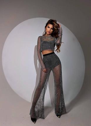 ❗ексклюзив❗праздничный брючный костюм топ и штаны клеш из сетки со стразами