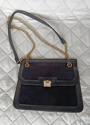 Чорна сумочка-клатч замша та рептилiя на золотому ланцюжку