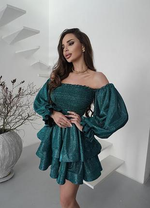 Святкова люрексова сукня з пишною спідницею, вечірня блискуча сукня міні з об'ємними рукавами, плаття міні люрекс диско з резинкою на талії, 1017