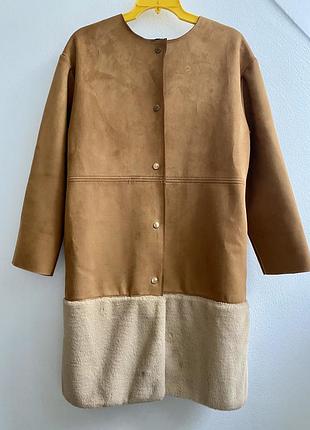 Плащ коричневый из искусственной замши и меха zara
