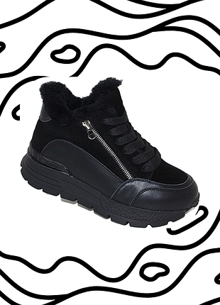 Черные женские зимние кроссовки из натуральной замши и кожи
