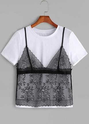 Белая футболка с черным кружевным топом zara