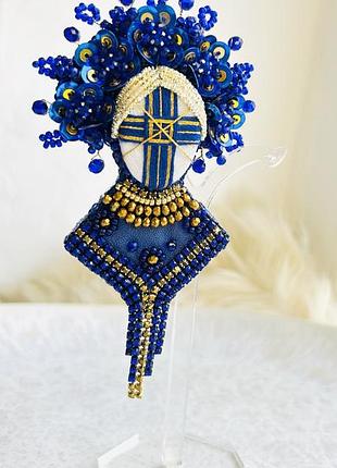 Брошка з бісеру синя мотанка/брошь мотанка из бисера