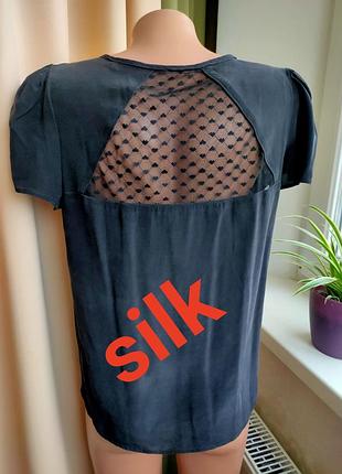 Чорна шовкова блуза з коротким рукавом з мереживом kookai