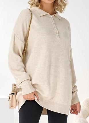 50% вовна шоколадний тёплый оверсайз подовжений светр світер поло на ґудзиках