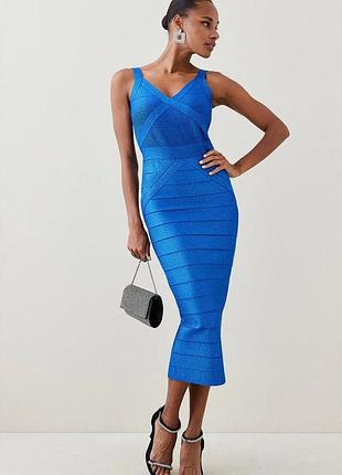 Новое праздничное платье миди karen millen figure form bandage foiled midi dress cobalt