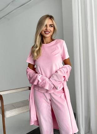 Жіноча велюрова піжама, домашній комплект трійка футболка, штани і халат з поясом