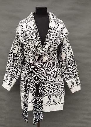 Теплый удобный кардиган удлиненный геометрические узоры с поясом размер u9 14-18 l-xxl 40-44