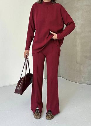 Турецкий вязаный трикотажный костюм брючный оверсайз свитер мирер и брюки палаццо с разрезами