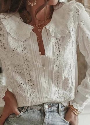 Zara біла сорочка з кружевом та комірцем белая кружевная рубашка