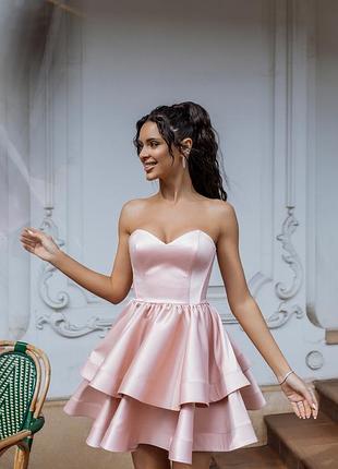 Атласное корсетное платье мини на шнуровке розовое с пышной юбкой, вечернее короткое платье с корсетным верхом из атласа, 1187