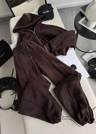 Жіночий спортивний костюм флісовий теплий двійка на блискавці з капюшоном шоколад