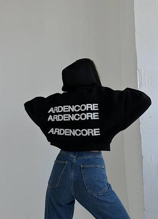 Худі жіноче зіп чорне коротке оверсайз на флісі тепле осіннє весняне зимове