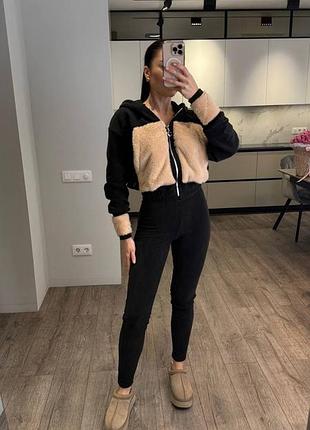 Спортивный костюм женский черный бежевый с капюшоном на флисе теплый осенний весенний зимний