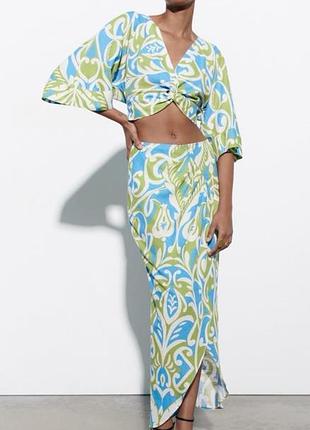 Стильная асимметричная летняя юбка миди zara с содержанием льна