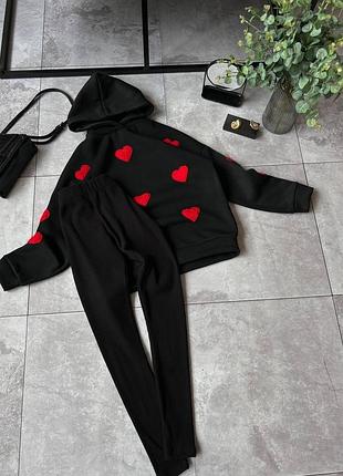 Жіночий костюм двійка прогулянковий теплий худі і лосини чорний