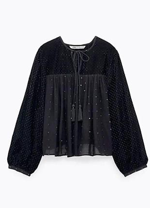 Черная блуза с бархатными рукавами и свободного кроя zara