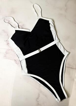 Суцільний суцільний злитий білий з чорним купальник ретро з поясом висока посадка