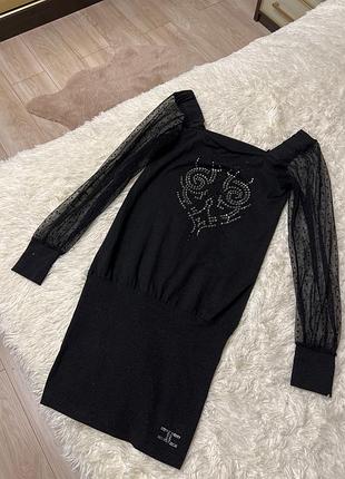 Черное платье-свитер elisabetta franchi с прозрачными рукавами из сетки в горошек и декором из страз