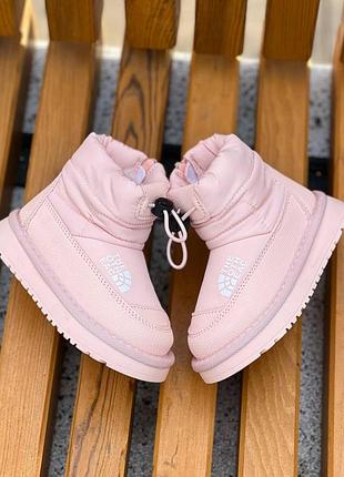Детские зимние высокие дутики утеплены плотным мехом на молнии кулиска розовые на замочке теплые