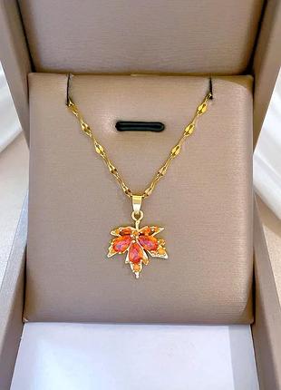 Украшение осенний листик, бижутерия кленовый лист, кулон цепочка, подвеска