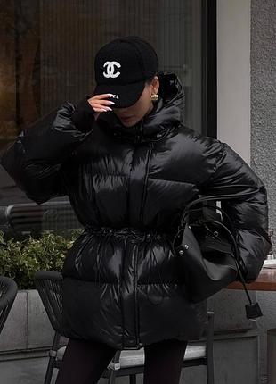 Чорний лаковий пуховик зимова куртка пуфер