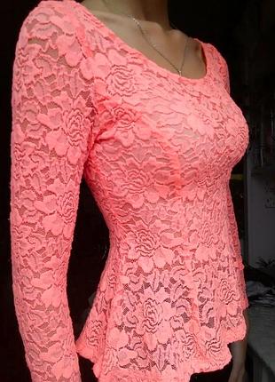 Кружевная ажурная гипюровая блузка блуза топ с длинными рукавами