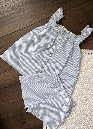 Літній костюм комплект для дівчинки 5 6 років 110 .116 см майка шорти на резинці білий блакитний смугастий в полосочку