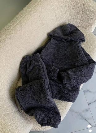 Женская теплая пижама махровая двухсторонняя махра худи домашний костюм для дома серый графит