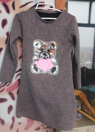 Теплое платье шерстине платье туника в рубчик принт перевертывающие пайетки зимнее платье иуника