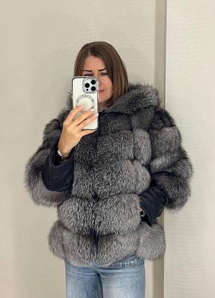 Натуральна шуба трансформер з чорнобурки з капюшоном 3/4 рукав лисиця натуральна чорнобурка жіночий жилет зимова шуба з хутром