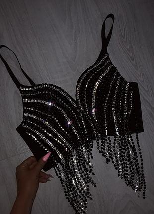 Роскошный пуш ап корсет  бюстье топ камни жемчуг стразы люкс черный белый