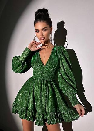 Сияющее люрексовое платье мини с пышной юбкой и драпировкой зеленая, вечернее короткое платье из люрекса на новый год, праздник, вечеринку, фотосессию