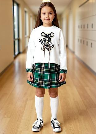 Стильний костюм двійка для дівчинки , спідниця-шорти та стильна кофтина (зелена клітинка)