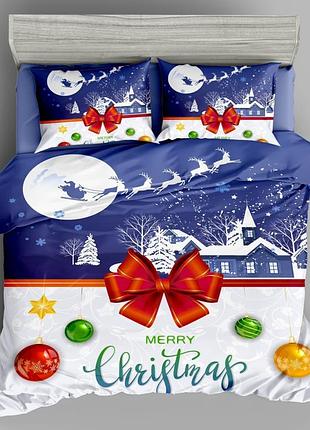 Постельное белье полуторное новогоднее фланель сине-белое s-ma tsh2