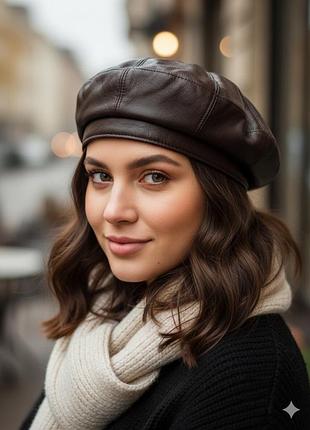 Коричневий берет жіночий всередині на штучному хутрі еко шкіра