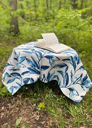 Скатерть тифлоновая водоотталкивающая 110 х 140 синий листик s-ma tsh2