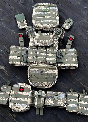 Комплект плитоноска быстрого сброса с боковыми карманами + надушник + рюкзак и 12 подсумков пикселей tsh2