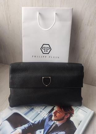 Мужская кожаная барсетка клатч philipp plein черная tsh2
