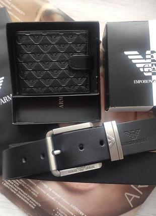 Кожаный подарочный набор armani ремень и кошелек black tsh2